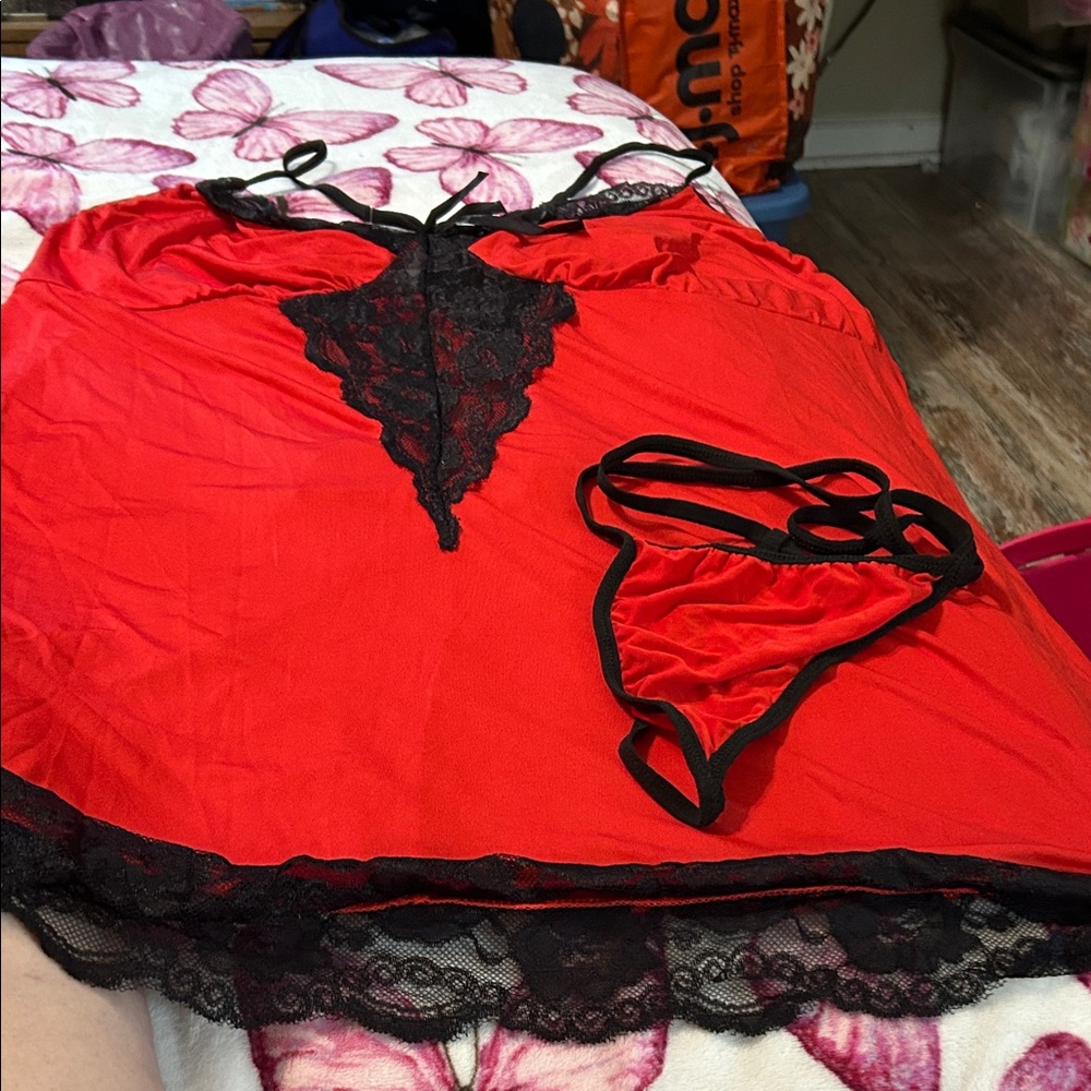 Adore Me Red and Black Lace Chemise Set